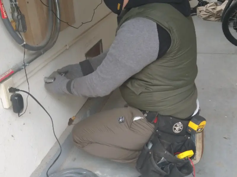 Electrician performing outlet wiring in a Elmsford garage